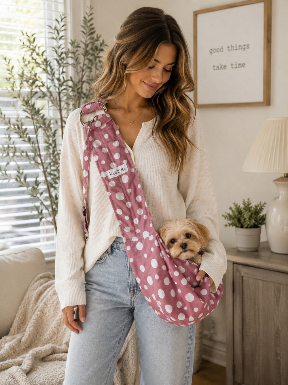 Kensie Pink Polka Dot Pet Sling Carrier | Small Dog or Cat Shoulder Carrier